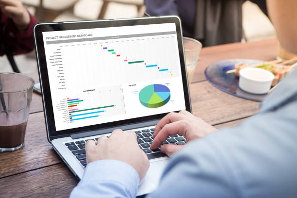 istock Businessman working with excel project dashboard using laptop / computer at the outdoor cafe 1012916236