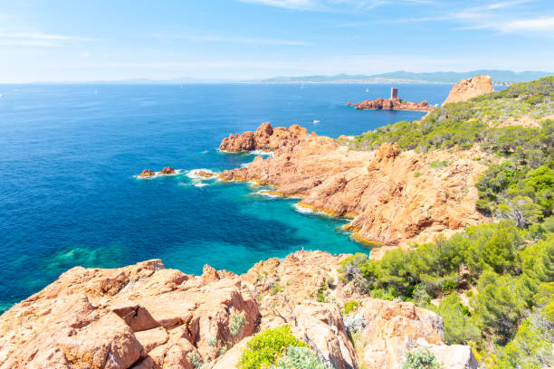 view on cote d'azur near Fréjus , french riviera , France beautiful coast in southern France d'azur stock pictures, royalty-free photos & images