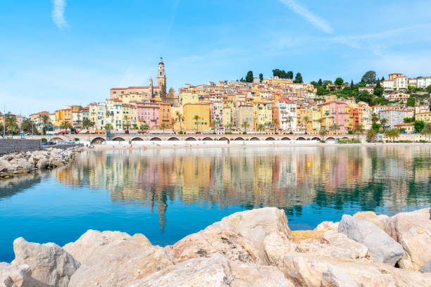 beautiful colorful town menton on french riviera , cote d'azur , france - sky sea town looking at view imagens e fotografias de stock