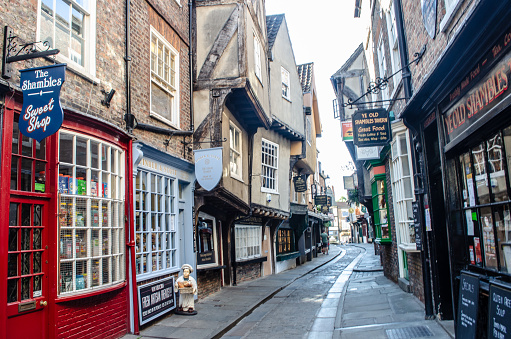 York Yorkshire UK  - 26 June 2018: Looking down old street the shambles in historic York
