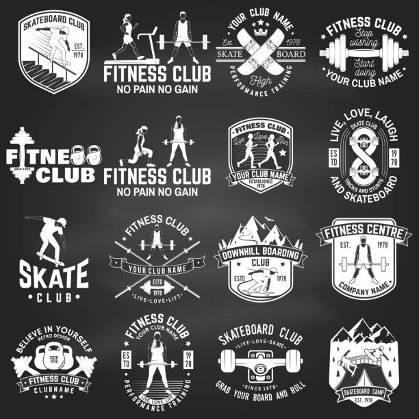 Set of fitness and skate board club concept with girls doing exercise and skateboarder silhouette on the chalkboard. Vector Set of fitness and skate board club concept with girls doing exercise and skateboarder silhouette on the chalkboard. Vector fitness and skateboarding club retro badges. For gym signs, emblems crossfit chalk weightlifting weight training stock illustrations