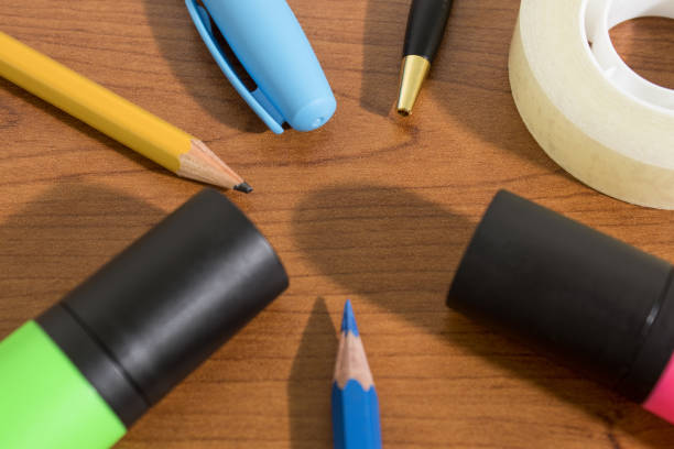 istock Stationery products for school on a wood table composition 1012964186