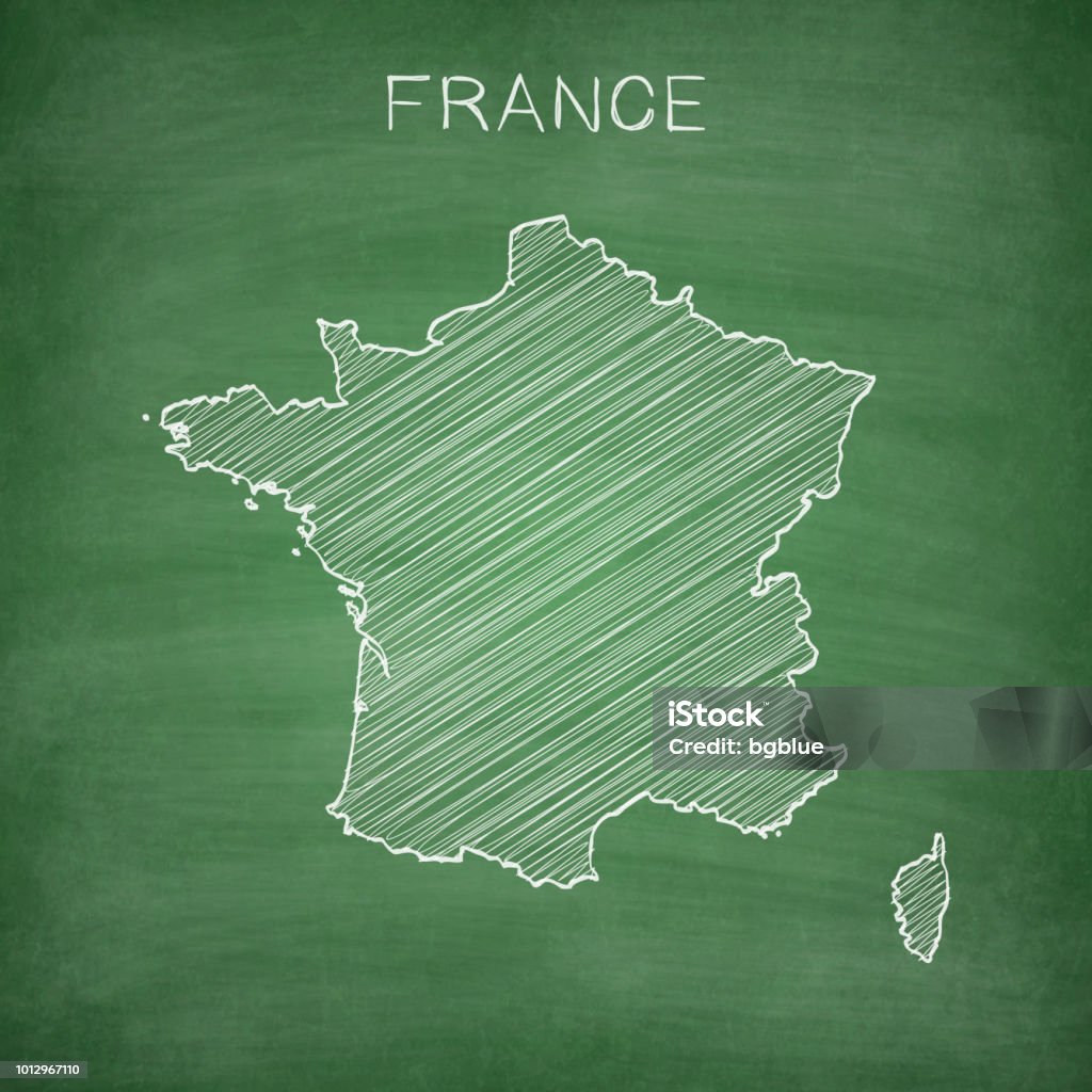 France map drawn on chalkboard - Blackboard Map of France drawn in chalk on a green chalkboard with chalk traces. Vector Illustration (EPS10, well layered and grouped). Easy to edit, manipulate, resize or colorize. Please do not hesitate to contact me if you have any questions, or need to customise the illustration. http://www.istockphoto.com/portfolio/bgblue France stock vector