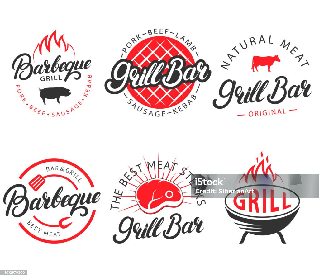 Vector set of vintage grill bar bbq labels emblems Vector set of grill bar and bbq labels, emblems, badges, logo in retro style. Vintage black and red color barbecue symbols, icons, typography design elements on white background. Barbecue Grill stock vector