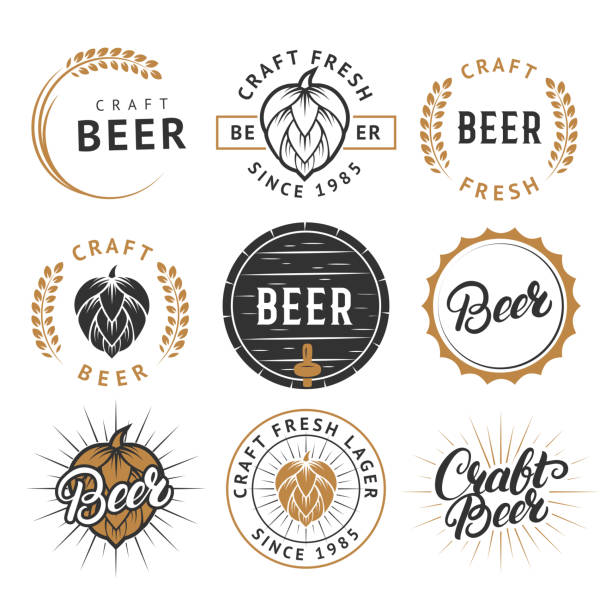 Vector set of vintage craft beer labels, badges Vector set of beer labels, emblems, badges in retro style. Vintage black and gold color craft beer symbols, icons, typography design elements on white background. pub stock illustrations