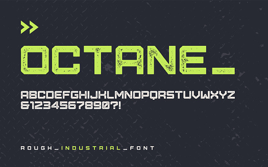 Vector rough industrial style display font, modern blocky typeface, futuristic uppercase letters and numbers, alphabet. Global swatches.