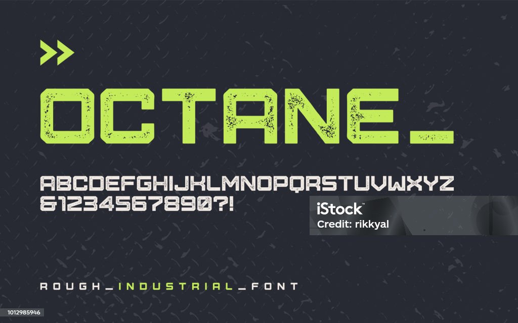 Vector rough industrial style display font, modern blocky typeface, futuristic uppercase letters and numbers, alphabet. Vector rough industrial style display font, modern blocky typeface, futuristic uppercase letters and numbers, alphabet. Global swatches. Typescript stock vector