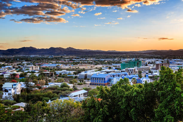 istock Sunset over Windhoek city panorama with mountains in the backgro 1012985972