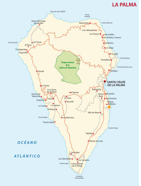 stockillustraties, clipart, cartoons en iconen met vector routekaart van het canarische eiland la palma - canarische eilanden