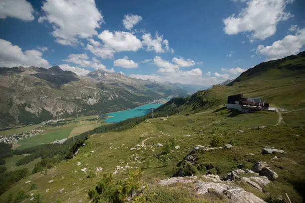 Corvatsch. From the middle station Furtschellas (2312 m above sea level) Engadin St. Moritz lies on the southern side of the Alps in Switzerland