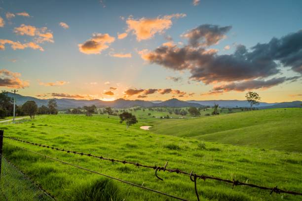 sunset over the mountains in new south wales, cobargo - hayfield imagens e fotografias de stock