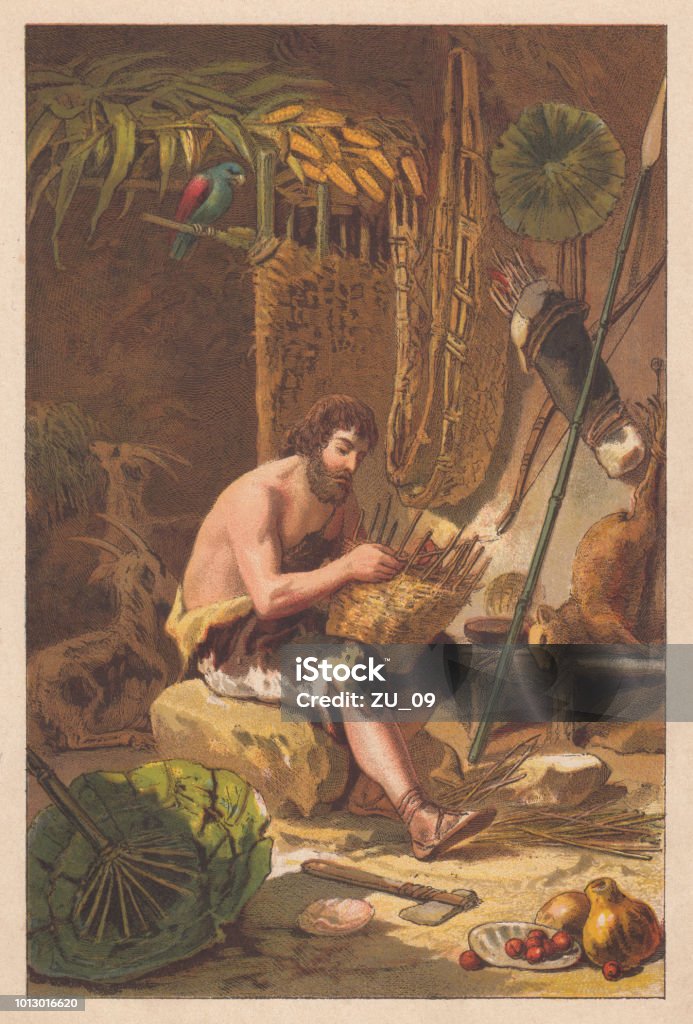 Robinson makes a basket, lithograph, published in 1877 Robinson makes a basket. Lithograph after a drawing by Gustav Bartsch (German painter, 1821 - 1906) from the famous novel "Robinson Crusoe" (1719) by Daniel Davoe, published in 1877. Robinson Crusoe stock illustration
