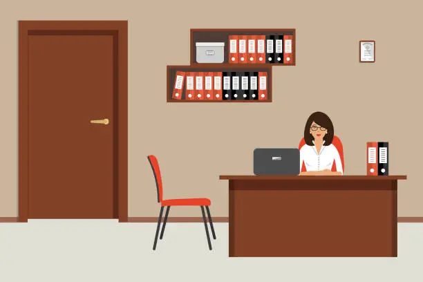 Vector illustration of Office worker is sitting at a desk at her workplace