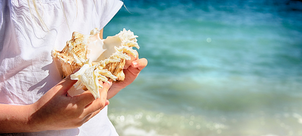 Woman in white dress holding seashells from the beach