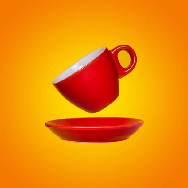 istock Creative surreal design with a red coffee cup and saucer on a yellow background 1013026214