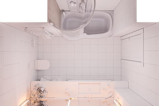 3d illustration interior design bathroom without textures and colors in top view.