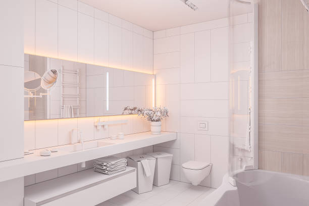istock 3d illustration Interior design of a modern bathroom without textures and colors 1013029276