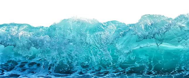 Big blue stormy sea wave isolated on white background. Climate nature concept. Front view.