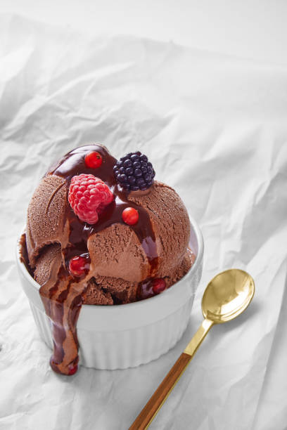 gelato al cioccolato decorato con frutta in una ciotola con un cucchiaio d'oro sul lato. copiare lo spazio. - 3119 foto e immagini stock