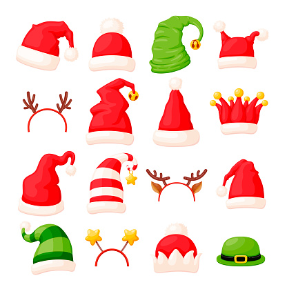 Vector set of various traditional christmas hats or caps and head accessories decorated with fur, bells and stars. 8 caps, 5 hats, 3 other head clothing in red, white and green colors. 3d design