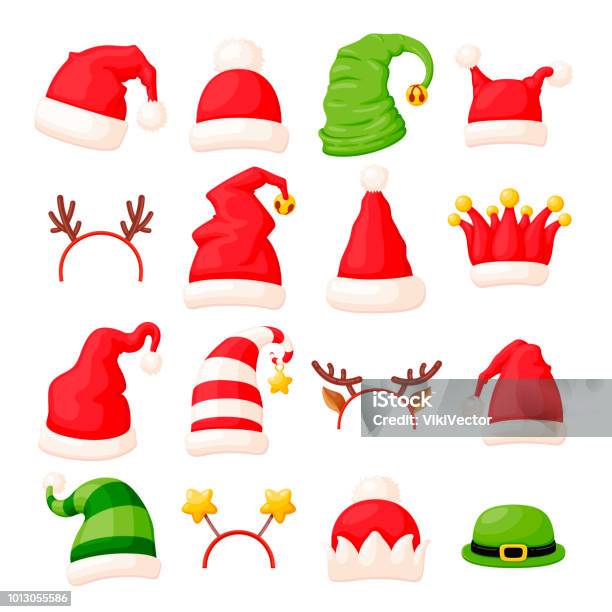 Vector Set Of 16 Various Christmas Hats And Head Accessories Decorated With Fur Bells And Stars Stock Illustration - Download Image Now