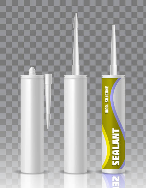 Silicone sealant packaging tube vector mock up set Silicone sealant packaging container tube with nozzle mock up set. Vector realistic illustration isolated on transparent background. silicon stock illustrations