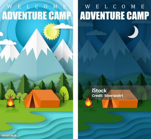 Summer Camping Vector Paper Cut Banner Set Stock Illustration - Download Image Now - Camping, Vector, Campfire