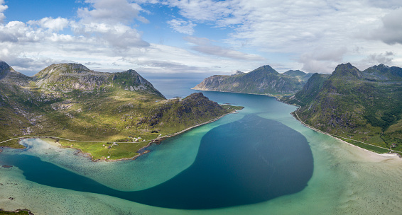 Aerial view of Flakstadpollen, gulf with an unusual deepening in the center, Norway