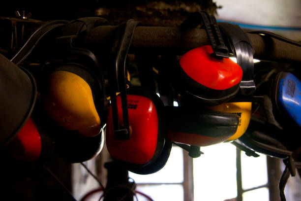 selection of earmuffs for noise protection in smithery, franconia, Germany