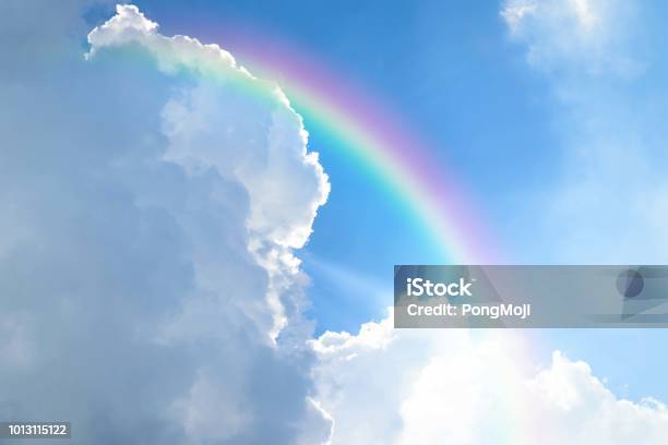 Cloudscape With Blue Sky And White Clouds Rainbow Stock Photo - Download Image Now - Rainbow, Sky, Cloud - Sky