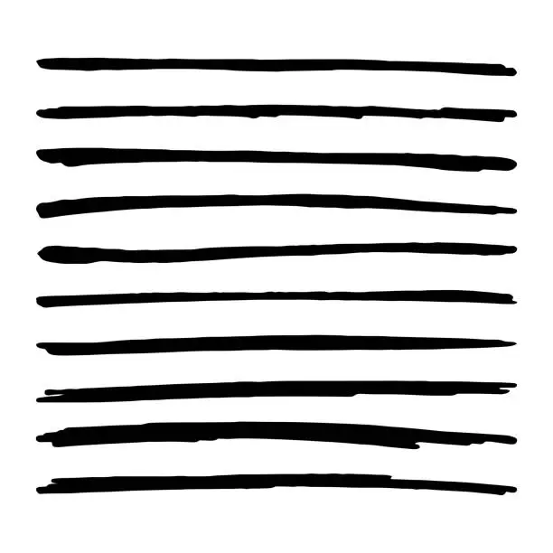 Vector illustration of Hand drawn brush strokes. Black Straight vector lines. Textured Marker paint