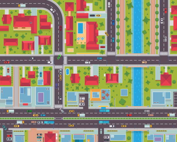 draufsicht urban stadtplan wohn- und kommerziellen bereich illustration - aerial stock-grafiken, -clipart, -cartoons und -symbole