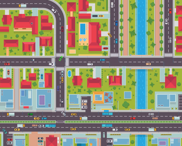 ilustrações de stock, clip art, desenhos animados e ícones de top view urban city map housing and commercial area illustration - land development aerial view planning