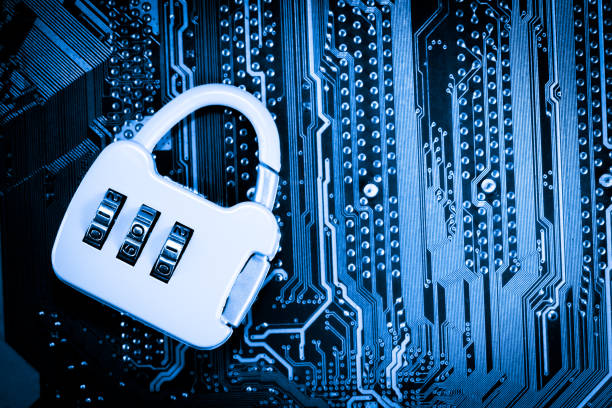 istock Abstract,close up of Lock on Mainboard Electronic computer background. (best internet top security) 1013176080