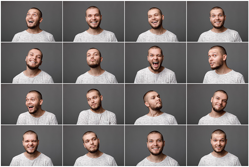 set of portraits of a young man with different positive emotions