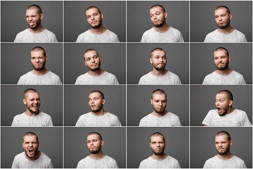 set of portraits of a young man with different negative emotions