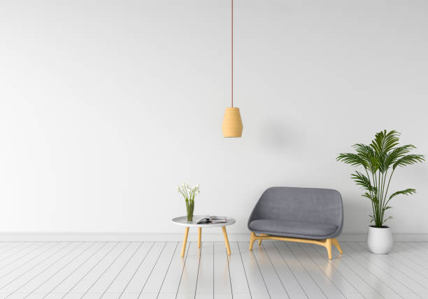 grey sofa in white room for mockup, 3D rendering
