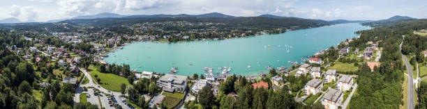 Drone view on lake Wörthersee in Austria stock photo
