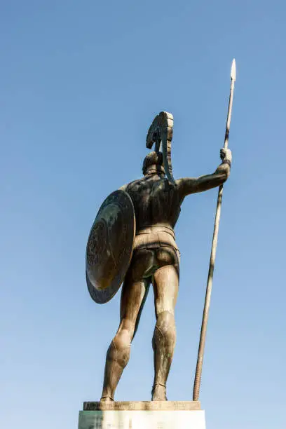 Statue of Achilles photographed from behind in Corfu, Greece.