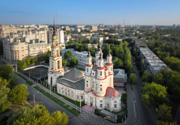 Aerial view of Kaluga city with old temple Aerial view of Kaluga city. Temple of Holy Unmercenaries and Thaumaturgus Kosmy and Damiana high temple stock pictures, royalty-free photos & images