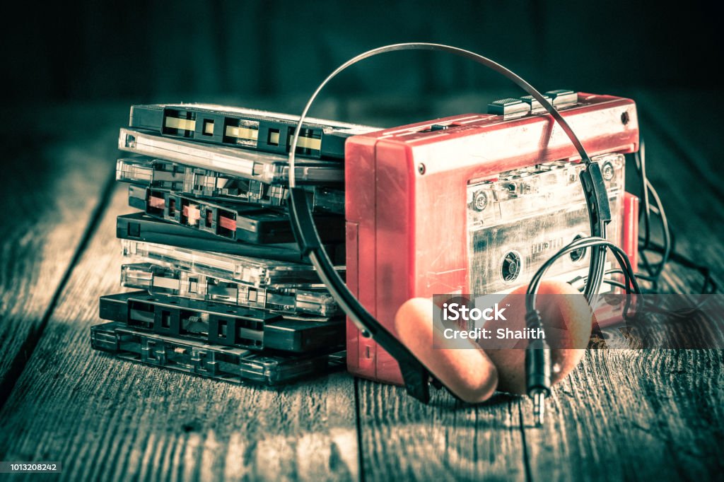 Classic cassette tape with headphones Personal Stereo Stock Photo