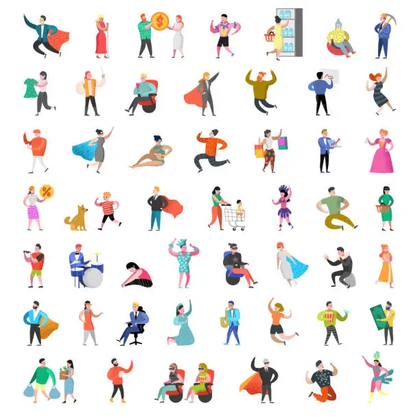 Vector illustration of Flat People Characters Collection. Man and Woman Cartoons in Various Actions, Poses and Activities. Business People, Super Hero. Vector illustration