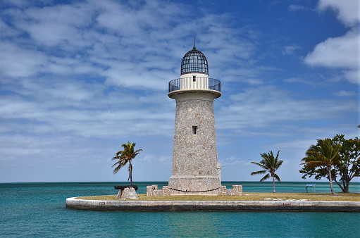 The ornamental lighthouse on the key provides a good view of Biscayne Bay.