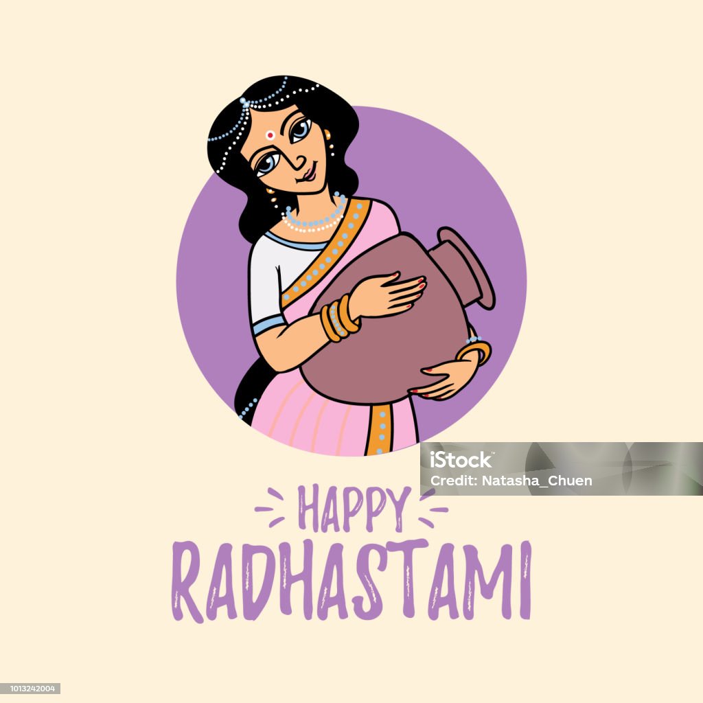 Cartoon Vector Radhastami Greeting Card Goddess Radha With Pot In ...