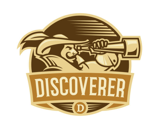 Pirate discoverer with spyglass in camisole with high collar and hat with feather - retro style emblem with replaceable text Emblem with pirate or boat captain in retro clothes viewing through spyglass marines navy sea captain stock illustrations