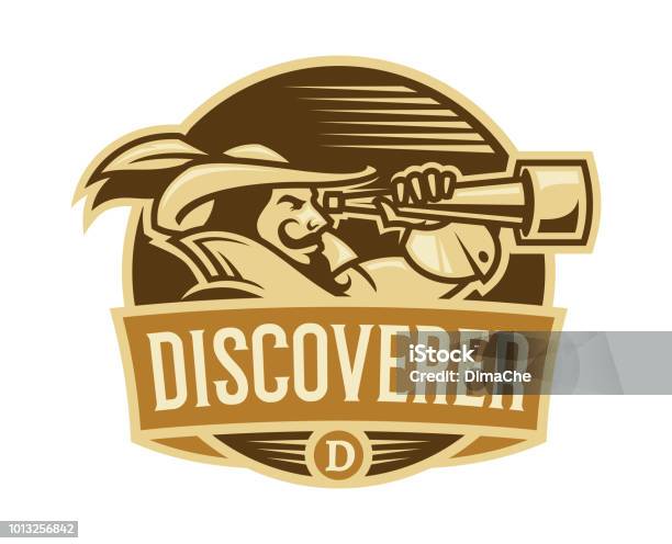 Pirate Discoverer With Spyglass In Camisole With High Collar And Hat With Feather Retro Style Emblem With Replaceable Text Stock Illustration - Download Image Now
