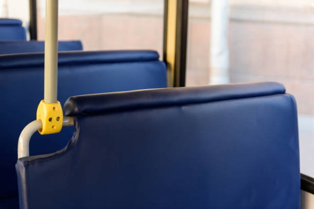 istock Blue soft leather seats in the Russian old fashioned passenger bus. 1013268552