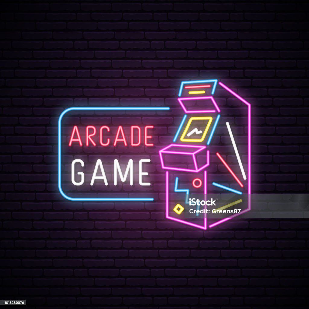 Neon sign of Arcade game machine. Neon entertainment emblem, bright banner. Advertising design. Night light signboard. Vector illustration. Arcade stock vector