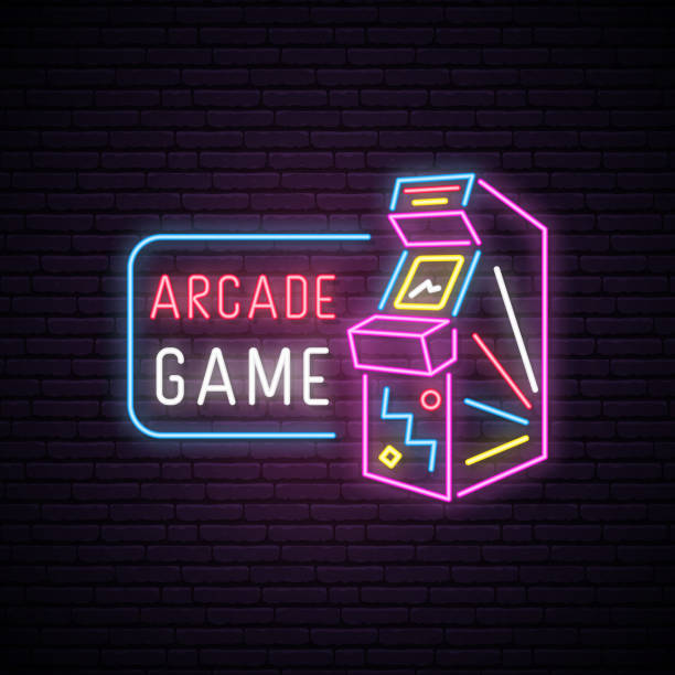 Neon sign of Arcade game machine. Neon entertainment emblem, bright banner. Advertising design. Night light signboard. Vector illustration. Neon sign of Arcade game machine. Neon entertainment emblem, bright banner. Advertising design. Night light signboard. Vector illustration. amusement arcade stock illustrations