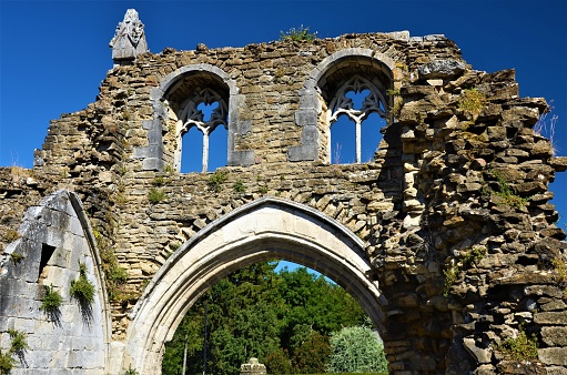 A view of the extensive ruins of the medieval Kirkham priory in North Yorkshire